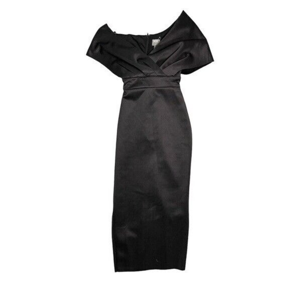 NWT ASOS Bardot Black Midi Dress – Off Shoulder Tie Waist Pencil Dress Size 0 - Picture 1 of 9